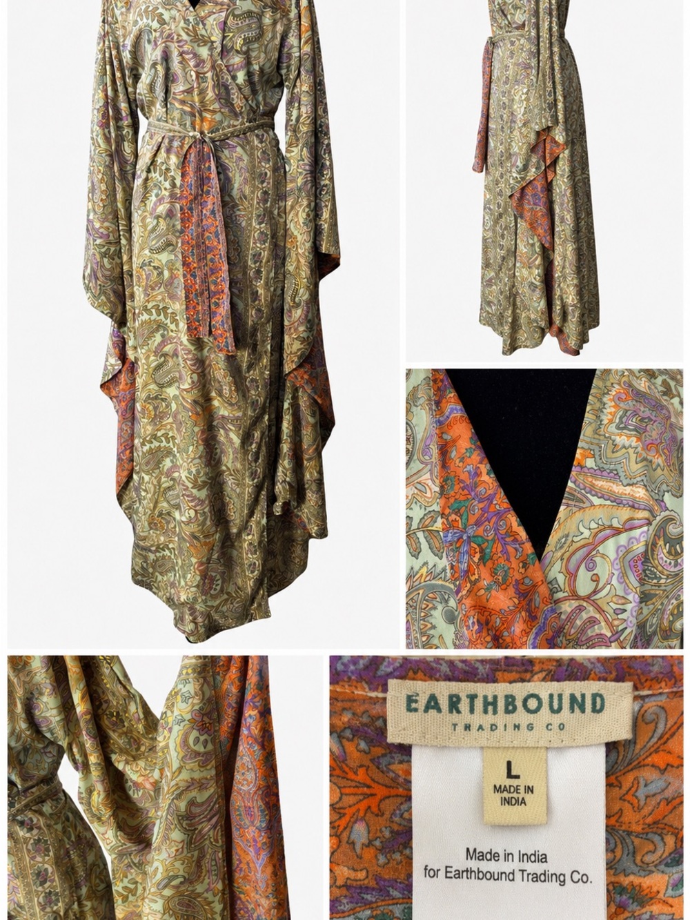 EARTHBOUND Olive & Orange Paisley Kimono Coat with Tie Belt